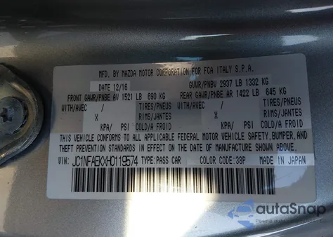 2017 Fiat 124 Spider Elaborazione Abarth z USA, uszkodzony, nr VIN JC1NFAEKXH0119574